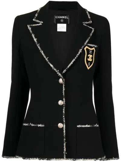Pre-owned Chanel 2005 Logo-embroidered Wool Blazer In Black