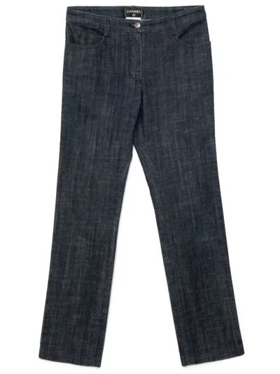 Pre-owned Chanel 2005 Logo Patch Denim Trousers In Blue