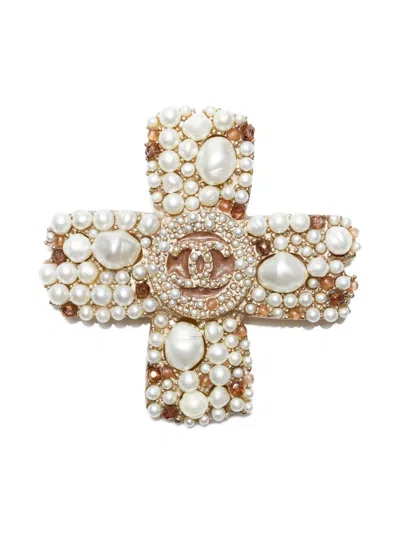 Pre-owned Chanel 2005 Pearl Cross Brooch In Gold
