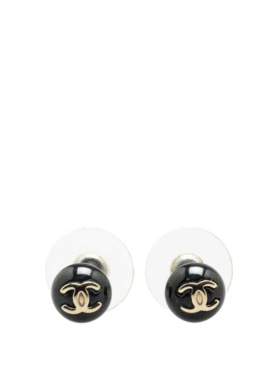 Pre-owned Chanel 2005 Resin Cc Button Push Back Earrings Costume Earrings In Black