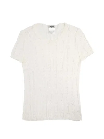 Pre-owned Chanel 2005 Ribbed Pointelle-knit Top In White