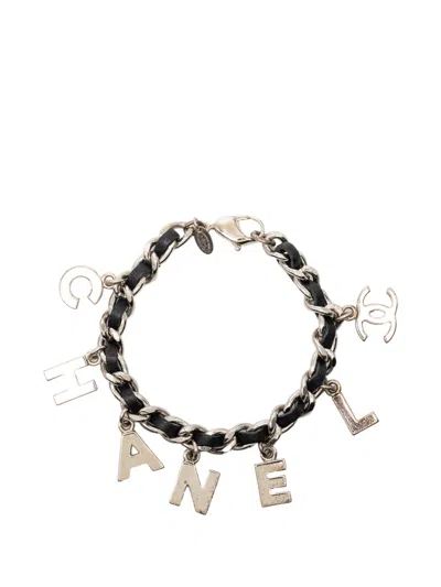 Pre-owned Chanel 2005 Silver Plated And Leather Woven Logo Charm Bracelet Costume Bracelet In Black