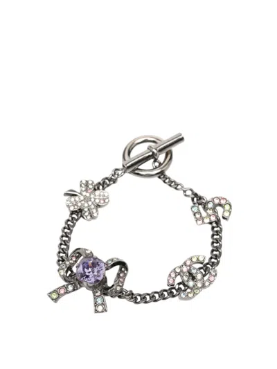 Pre-owned Chanel 2005 Silver Plated Crystal Cc No. 5 Bow Charm Bracelet Costume Bracelet In Multi