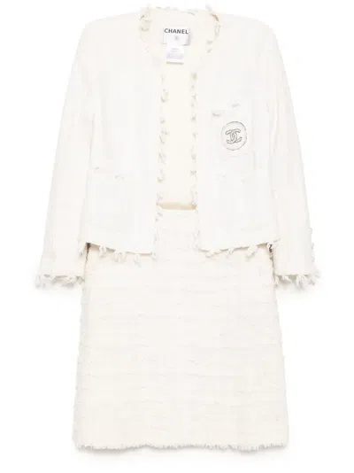Pre-owned Chanel 2005 Tweed Skirt Suits In White