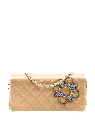 Pre-owned Chanel 2005-2006 Quilted Satin Crystal Chain Clutch Bag In Gold