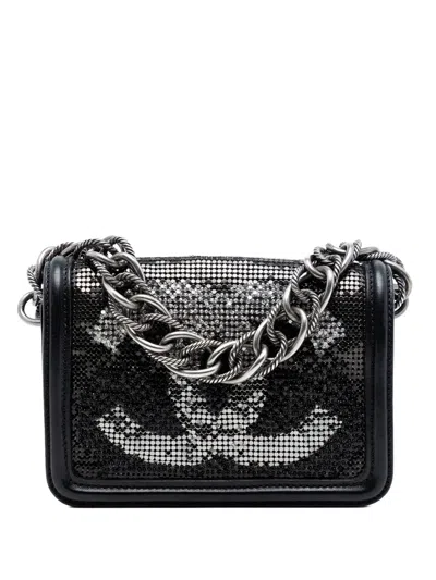 Pre-owned Chanel 2005-2006 Small Lambskin Beaded Crystal Flap Handbag In Black