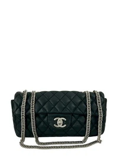 Pre-owned Chanel 2006-2008 Cc Quilted Lambskin East West Single Flap Shoulder Bag In Black
