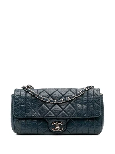 Pre-owned Chanel 2006-2008 Cc Quilted Perforated Aged Calfskin Flap Crossbody Bag In Blue