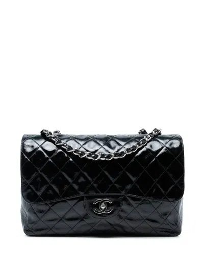 Pre-owned Chanel 2006-2008 Jumbo Classic Crinkled Patent Single Flap Shoulder Bag In Blue