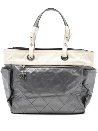 Pre-owned Chanel 2006-2008 Large Bicolor Quilted Coated Canvas Paris Biarritz Tote Bag In Gray