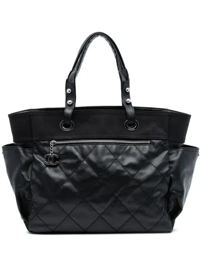 Pre-owned Chanel 2006-2008 Large Quilted Coated Canvas Paris Biarritz Tote Bag In Black