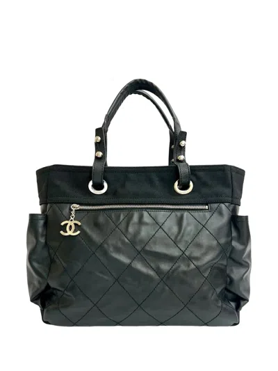 Pre-owned Chanel 2006-2008 Large Quilted Coated Canvas Paris Biarritz Tote Bag In Black