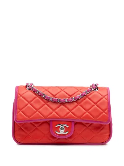 Pre-owned Chanel 2006-2008 Medium Classic Bicolor Lambskin Double Flap Shoulder Bag In Red