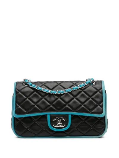 Pre-owned Chanel 2006-2008 Medium Classic Bicolor Quilted Lambskin Double Flap Shoulder Bag In Blue