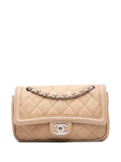 Pre-owned Chanel 2006-2008 Medium Classic Lambskin Trimmed Canvas Line Double Flap Shoulder Bag In Brown