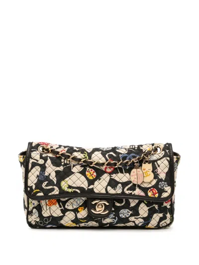 Pre-owned Chanel 2006-2008 Medium Printed Canvas Animals Single Flap Shoulder Bag In Black