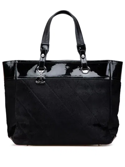 Pre-owned Chanel 2006-2008 Medium Quilted Pony Hair And Patent Paris Biarritz Tote Bag In Black