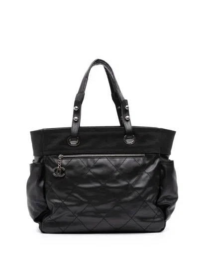 Pre-owned Chanel 2006-2008 Paris Biarritz Large Quilted Coated Canvas Tote Bag In Black