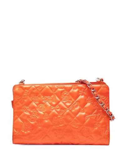 Pre-owned Chanel 2006-2008 Quilted Embossed Patent Lucky Symbols Pochette Shoulder Bag In Orange