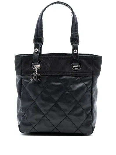 Pre-owned Chanel 2006-2008 Small Quilted Coated Canvas Paris Biarritz Tote Bag In Black