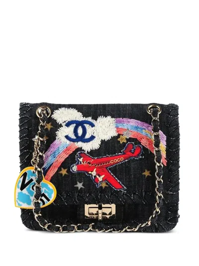 Pre-owned Chanel 2006 2.55 Reissue Limited Edition Airplanes Denim Shoulder Bag In Blue