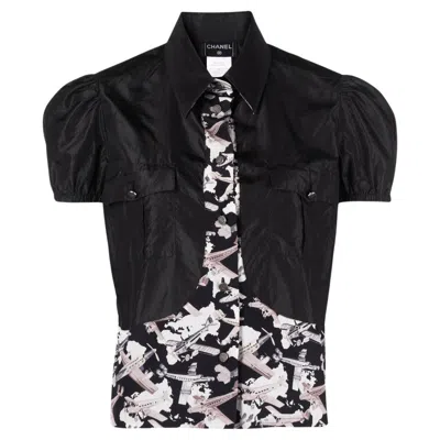 Pre-owned Chanel 2006 Airplane-print Panelled Silk Blouse In Black
