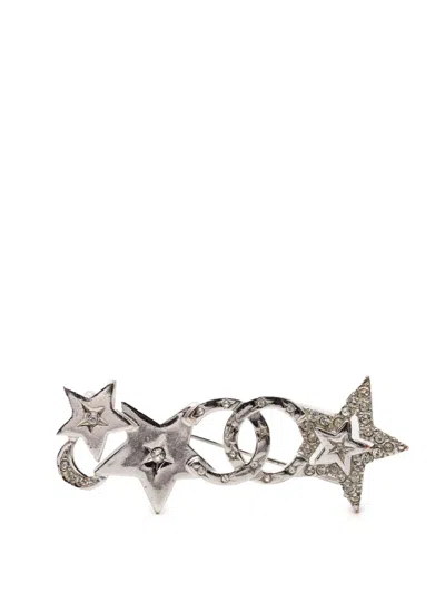 Pre-owned Chanel 2006 Cc Brass And Strass Star And Moon Pin Brooch Costume Brooch In Silver