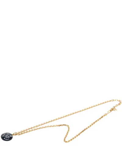 Pre-owned Chanel 2006 Cc Gold Plated Resin And Faux Pearl Round Pendant Necklace Costume Necklace In Black