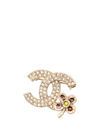 Pre-owned Chanel 2006 Cc Gold Plated Strass Clover Leaf Pin Brooch Costume Brooch
