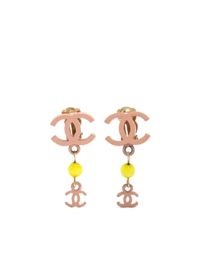 Pre-owned Chanel 2006 Cc-logo Dangle Clip-on Earrings In Pink
