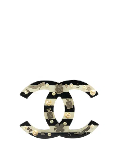 Pre-owned Chanel 2006 Cc Resin Faux Pearl Charms Brooch Costume Brooch In Black