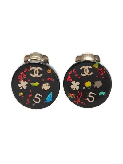 Pre-owned Chanel 2006 Cc Resin No. 5 Button Clip On Earrings Costume Earrings In Black