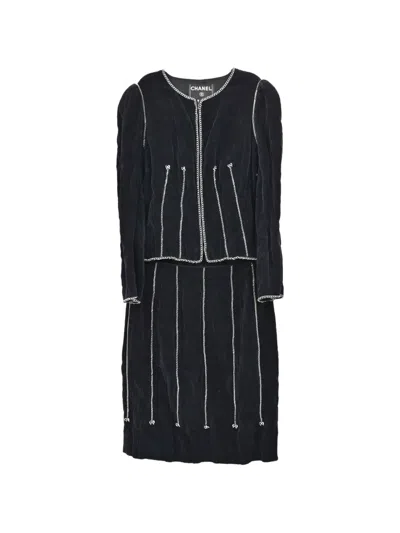 Pre-owned Chanel 2006 Chain-trim Velour Skirt Suit In Black