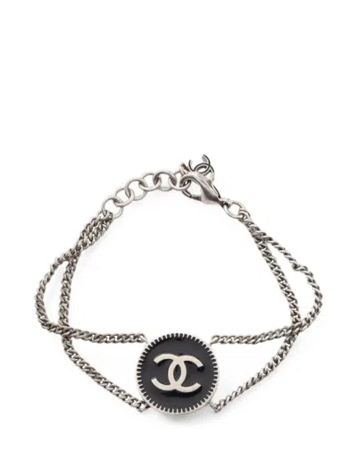 Pre-owned Chanel 2006 Coco Medal Double Chain Bracelet In Silver