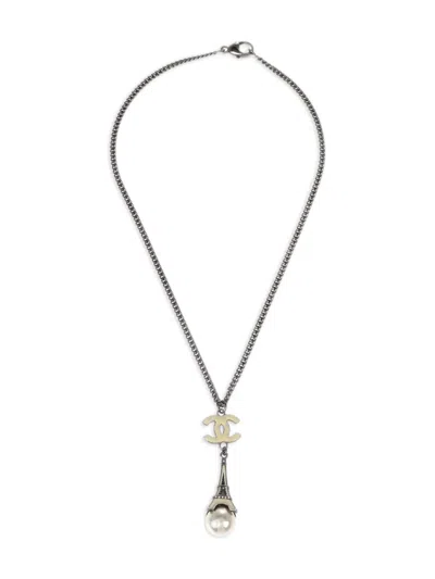 Pre-owned Chanel 2006 Eiffel Tower Faux-pearl Necklace In Silver