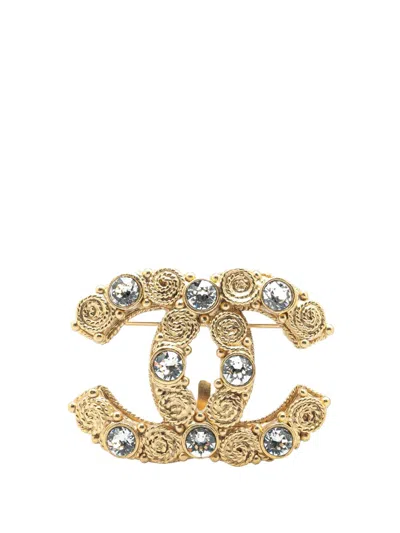 Pre-owned Chanel 2006 Gold Plated Cc Crystal Brooch Costume Brooch