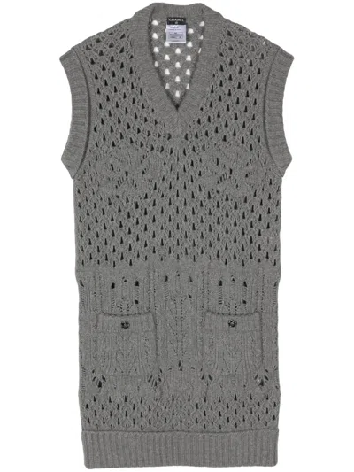 Pre-owned Chanel 2006 Open-knit Sleeveless Minidress In Grey
