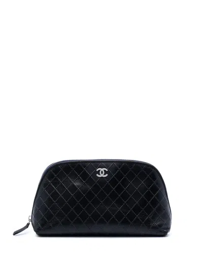 Pre-owned Chanel 2006-2008 Cc Diamond Embossed Calfskin Cosmetic Pouch In Black