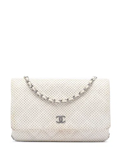 Pre-owned Chanel 2006-2008 Cc Quilted Perforated Lambskin Wallet On Chain Crossbody Bag In White