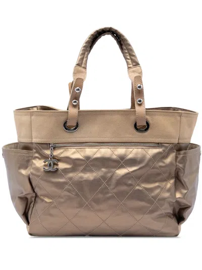 Pre-owned Chanel 2006-2008 Large Quilted Coated Canvas Paris Biarritz Tote Bag In Gold