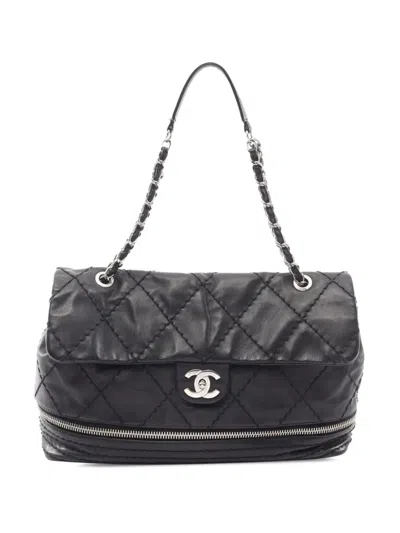 Pre-owned Chanel 2006-2008 Large Stitched Calfskin Expandable Flap Shoulder Bag In Black