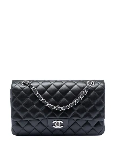 Pre-owned Chanel 2006-2008 Medium Classic Lambskin Double Flap Shoulder Bag In Black