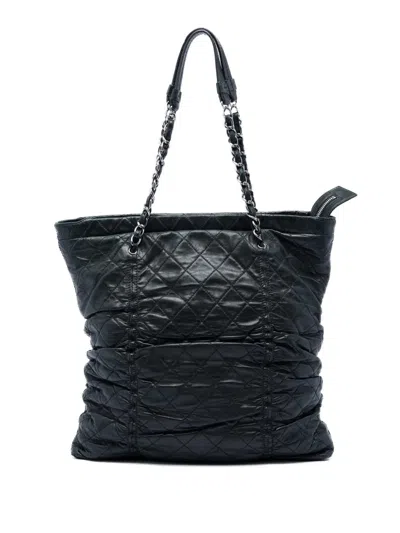 Pre-owned Chanel 2006-2008 Quilted Lambskin North South Sharpei Shopping Tote Bag In Black