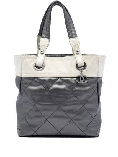 Pre-owned Chanel 2006-2008 Small Bicolor Quilted Coated Canvas Paris Biarritz Tote Bag In Gray