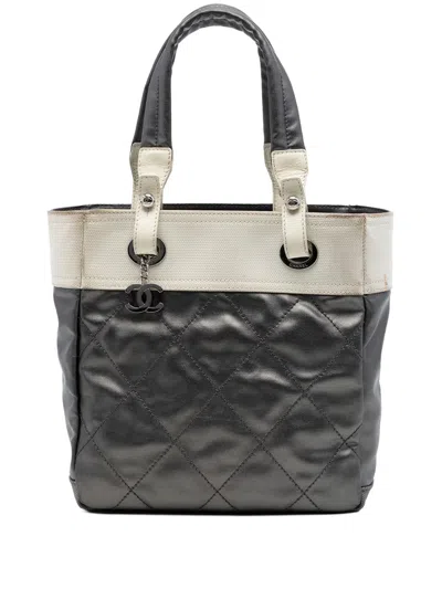 Pre-owned Chanel 2006-2008 Small Bicolor Quilted Coated Canvas Paris Biarritz Tote Bag In Gray