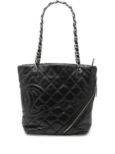 Pre-owned Chanel 2006-2008 Small Quilted Aged Calfskin Cotton Club Tote Bag In Black