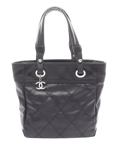 Pre-owned Chanel 2006-2008 Small Quilted Coated Canvas Paris Biarritz Tote Bag In Black