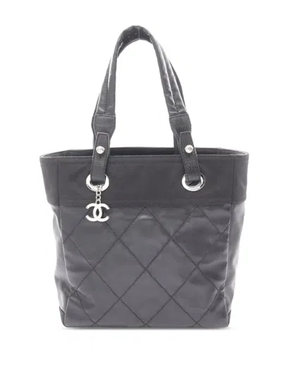 Pre-owned Chanel 2006-2008 Small Quilted Coated Canvas Paris Biarritz Tote Bag In Black