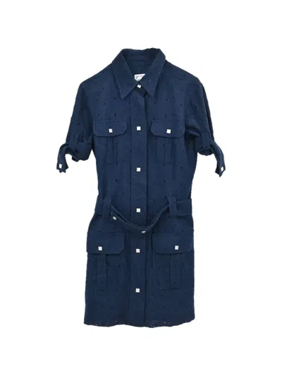 Pre-owned Chanel 2007 Cc Camellia Eyelet-embroidered Mini Dress In Blue