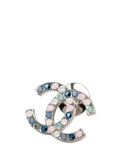 Pre-owned Chanel 2007 Cc Silver Plated Multicolor Crystal Brooch Costume Brooch